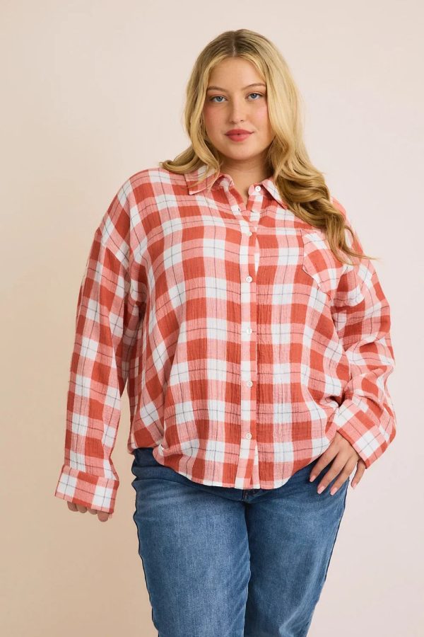 Plus Size Cotton Plaid Button Down Long Sleeve Lightweight Shirt - Image 6