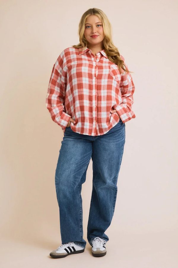 Plus Size Cotton Plaid Button Down Long Sleeve Lightweight Shirt - Image 10
