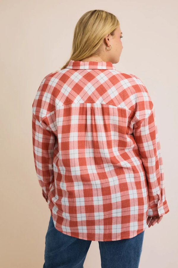 Plus Size Cotton Plaid Button Down Long Sleeve Lightweight Shirt - Image 7