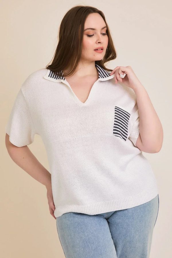 Plus Size V-Neck Striped Collar Knit Single Pocket Preppy Summer Sweater - Image 1