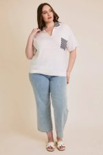 Plus Size V-Neck Striped Collar Knit Single Pocket Preppy Summer Sweater - Image 5