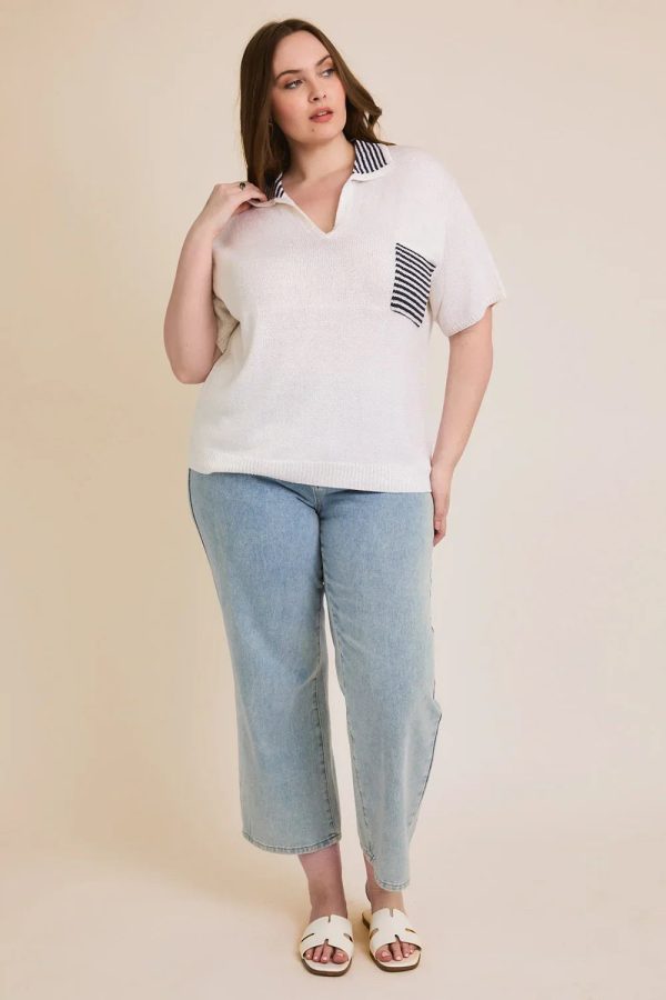 Plus Size V-Neck Striped Collar Knit Single Pocket Preppy Summer Sweater - Image 5