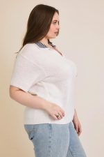 Plus Size V-Neck Striped Collar Knit Single Pocket Preppy Summer Sweater - Image 3