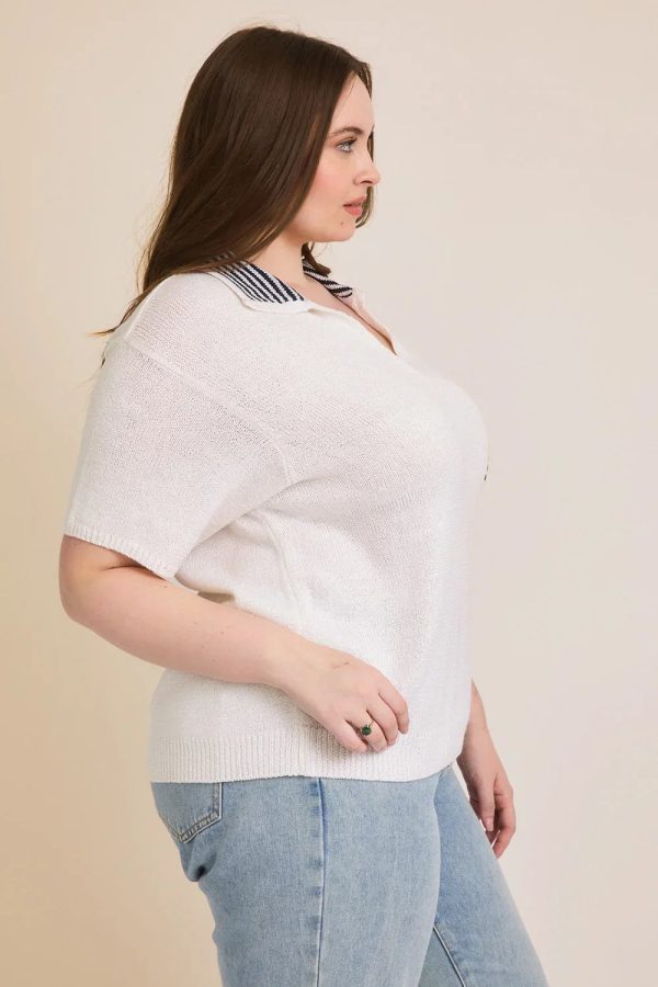 Plus Size V-Neck Striped Collar Knit Single Pocket Preppy Summer Sweater - Image 3