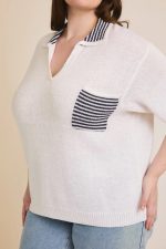 Plus Size V-Neck Striped Collar Knit Single Pocket Preppy Summer Sweater - Image 4