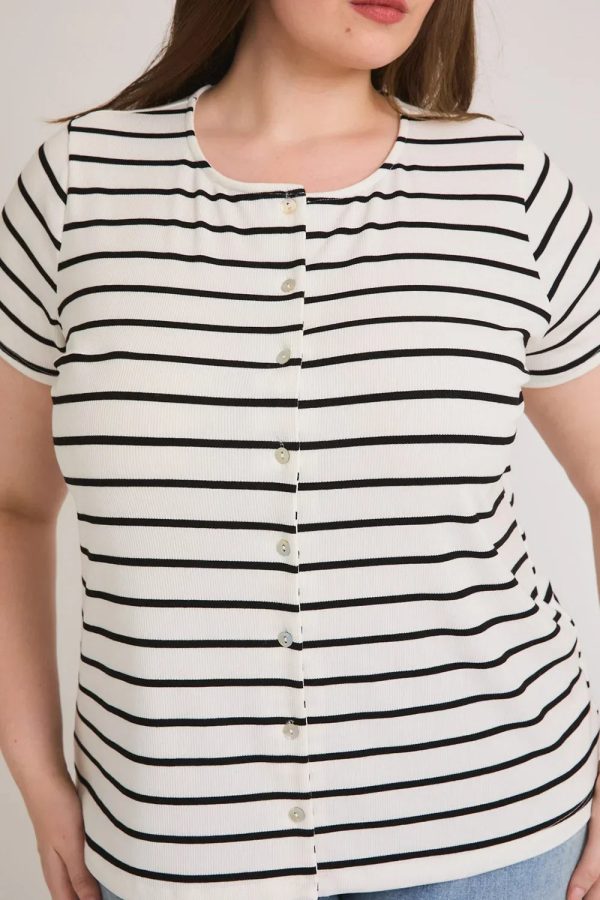 Plus Size Striped Button Front Short Sleeve Summer Top - Image 4