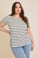 Plus Size Striped Button Front Short Sleeve Summer Top