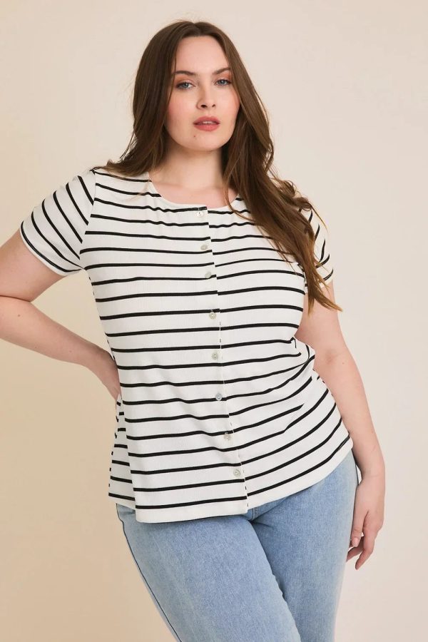 Plus Size Striped Button Front Short Sleeve Summer Top - Image 1