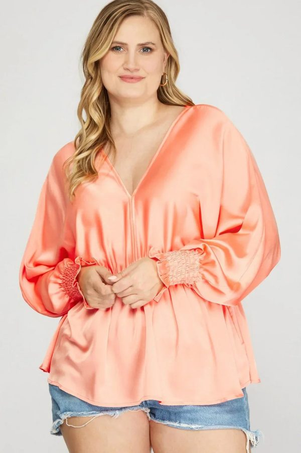 Plus Size Silky V-Neck Smocked Cuffs Peplum Blouse - Elegant Flowy Top - Image 11