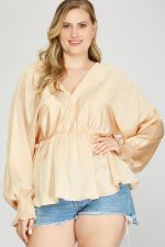 Plus Size Silky V-Neck Smocked Cuffs Peplum Blouse - Elegant Flowy Top - Image 12