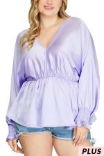 Plus Size Silky V-Neck Smocked Cuffs Peplum Blouse - Elegant Flowy Top - Image 13