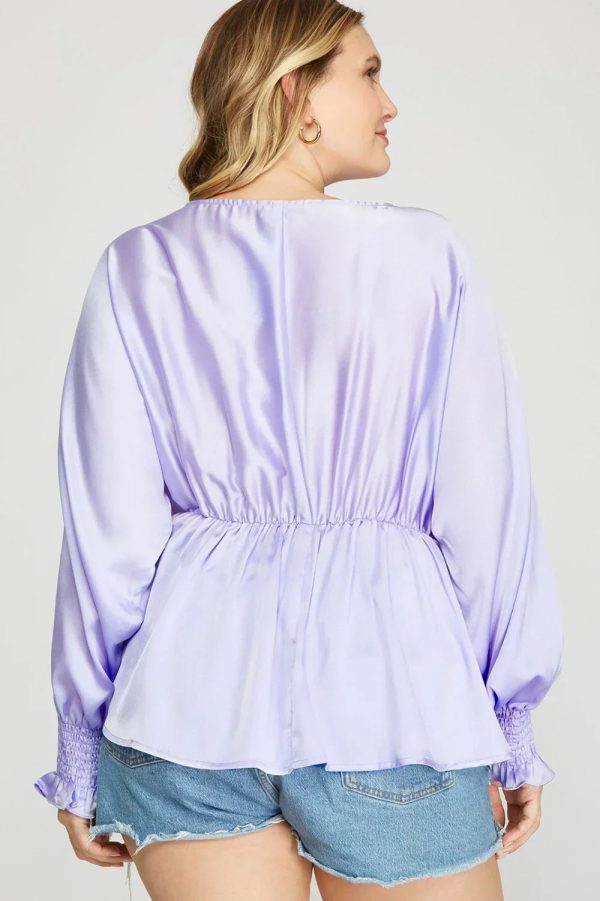 Plus Size Silky V-Neck Smocked Cuffs Peplum Blouse - Elegant Flowy Top - Image 14
