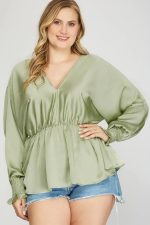 Plus Size Silky V-Neck Smocked Cuffs Peplum Blouse - Elegant Flowy Top