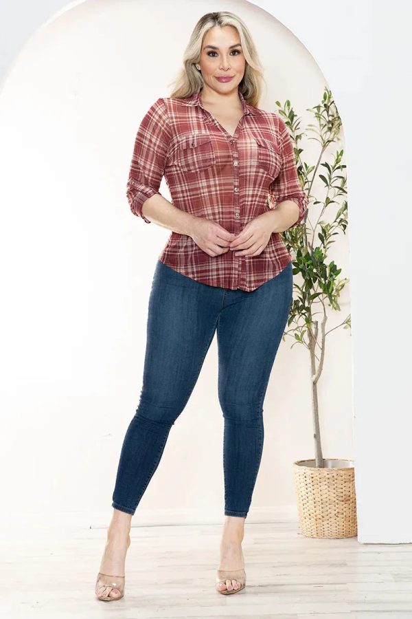 Junior Plus Size Plaid Front Pocket Long Sleeve Top - Image 5
