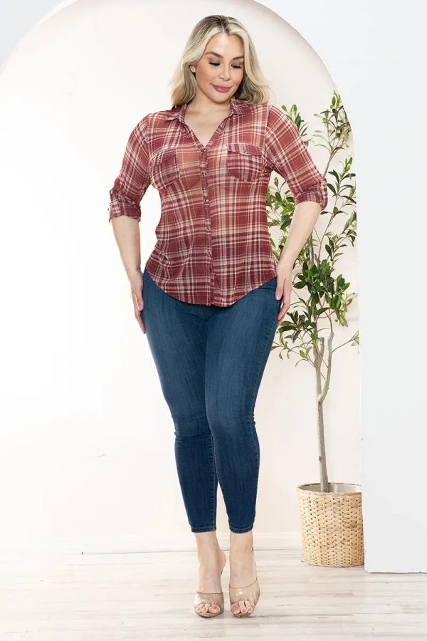 Junior Plus Size Plaid Front Pocket Long Sleeve Top - Image 6