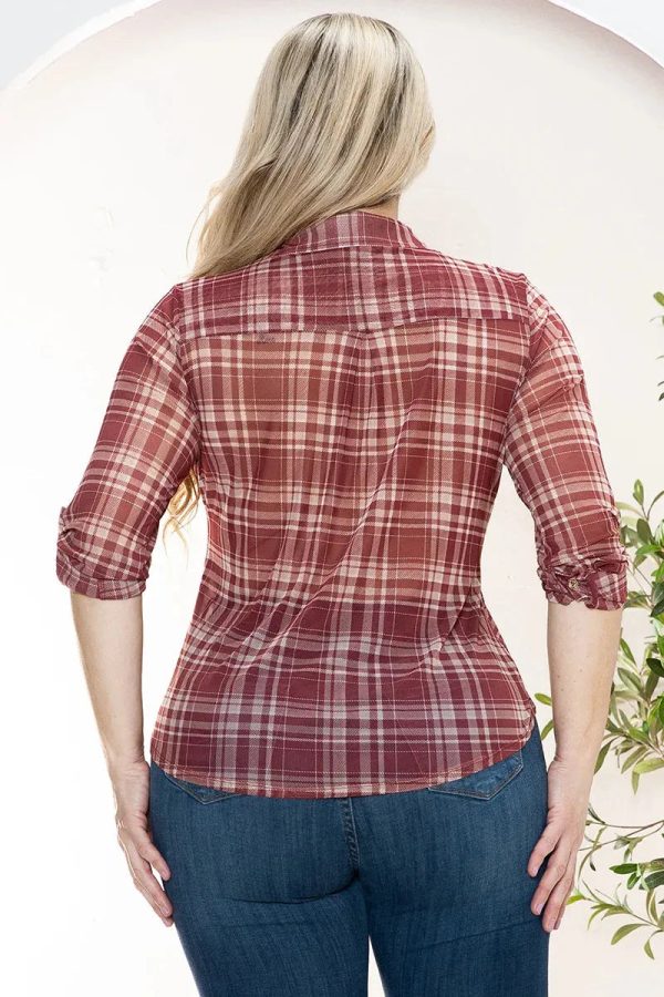 Junior Plus Size Plaid Front Pocket Long Sleeve Top - Image 2