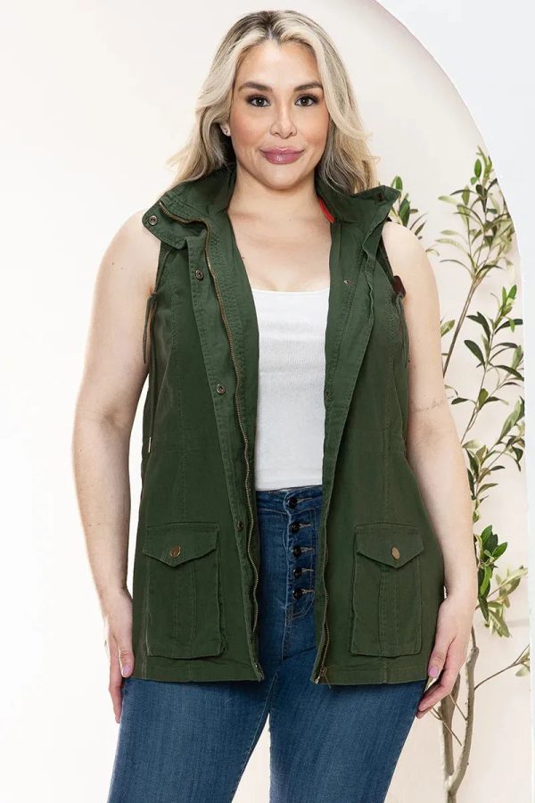Plus Size Hooded Military Utility Jacket Vest - Image 3