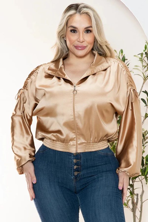 Junior Plus Size Luxe Satin Ruched Sleeve Bomber Jacket - Image 13