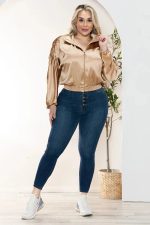 Junior Plus Size Luxe Satin Ruched Sleeve Bomber Jacket - Image 16