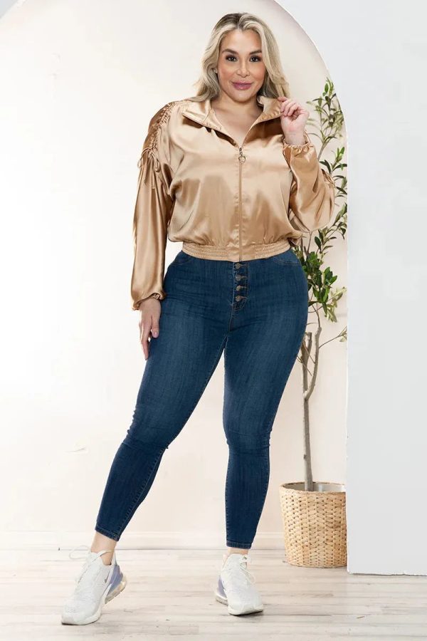 Junior Plus Size Luxe Satin Ruched Sleeve Bomber Jacket - Image 16