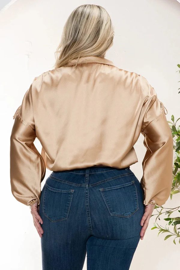 Junior Plus Size Luxe Satin Ruched Sleeve Bomber Jacket - Image 14