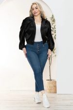 Junior Plus Size Luxe Satin Ruched Sleeve Bomber Jacket - Image 4