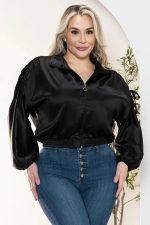 Junior Plus Size Luxe Satin Ruched Sleeve Bomber Jacket