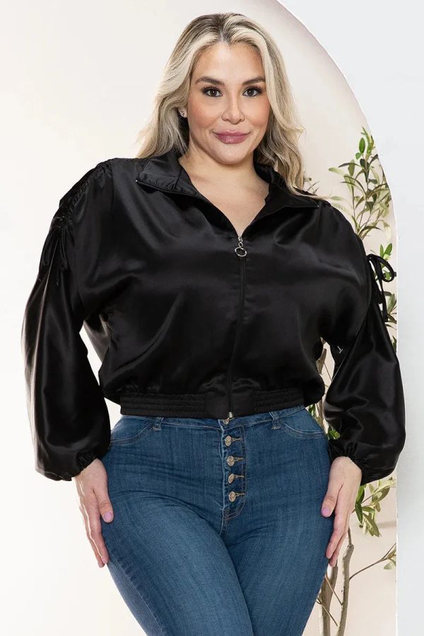 Junior Plus Size Luxe Satin Ruched Sleeve Bomber Jacket - Image 1