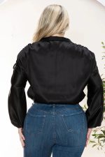 Junior Plus Size Luxe Satin Ruched Sleeve Bomber Jacket - Image 2