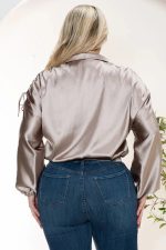 Junior Plus Size Luxe Satin Ruched Sleeve Bomber Jacket - Image 10