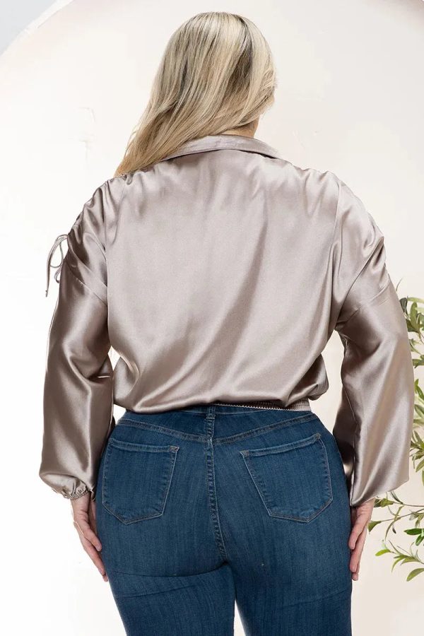Junior Plus Size Luxe Satin Ruched Sleeve Bomber Jacket - Image 10