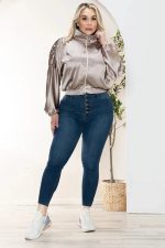 Junior Plus Size Luxe Satin Ruched Sleeve Bomber Jacket - Image 12