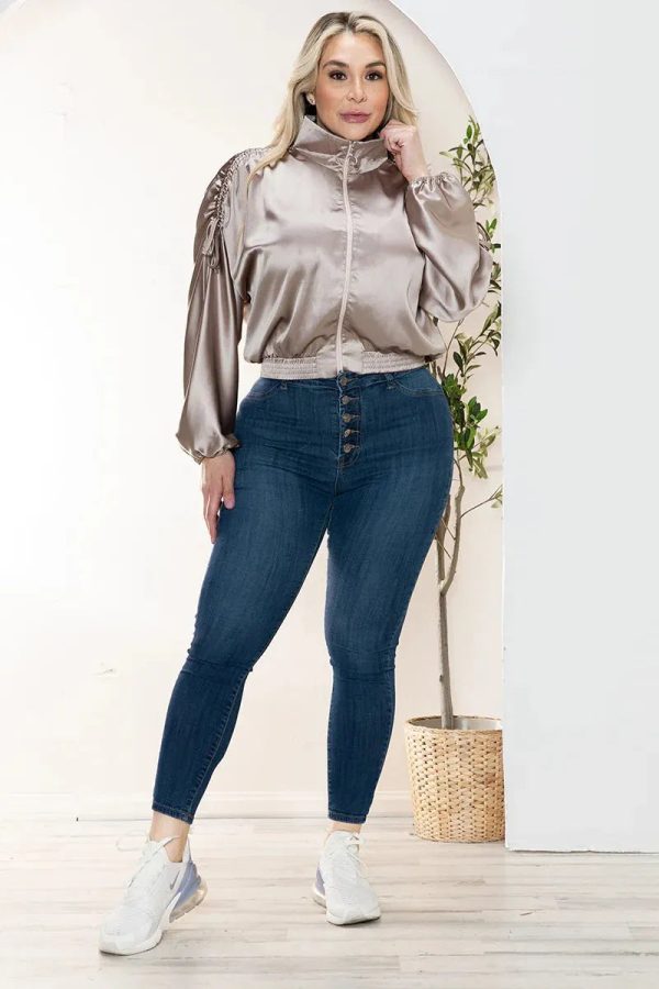 Junior Plus Size Luxe Satin Ruched Sleeve Bomber Jacket - Image 12