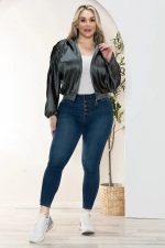 Junior Plus Size Luxe Satin Ruched Sleeve Bomber Jacket - Image 8