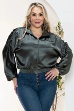 Junior Plus Size Luxe Satin Ruched Sleeve Bomber Jacket - Image 5