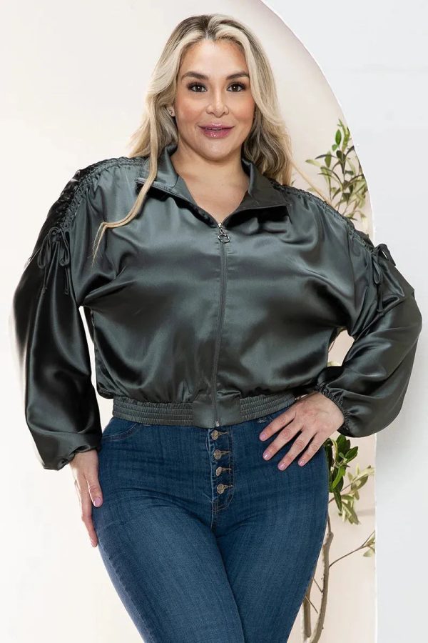 Junior Plus Size Luxe Satin Ruched Sleeve Bomber Jacket - Image 5