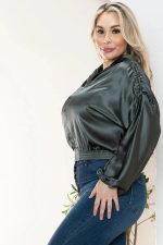 Junior Plus Size Luxe Satin Ruched Sleeve Bomber Jacket - Image 7