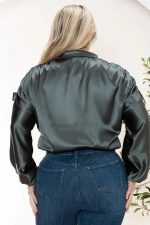 Junior Plus Size Luxe Satin Ruched Sleeve Bomber Jacket - Image 6