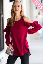 Plus Size Cold Shoulder Ruffle Sleeve Tunic Casual Boutique Blouse