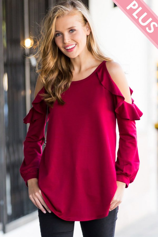 Plus Size Cold Shoulder Ruffle Sleeve Tunic Casual Boutique Blouse - Image 2