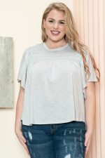 Plus Size Cotton Smocked Yoke Flutter Sleeve Casual Top