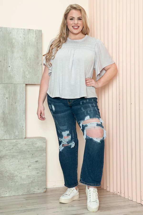 Plus Size Cotton Smocked Yoke Flutter Sleeve Casual Top - Image 6