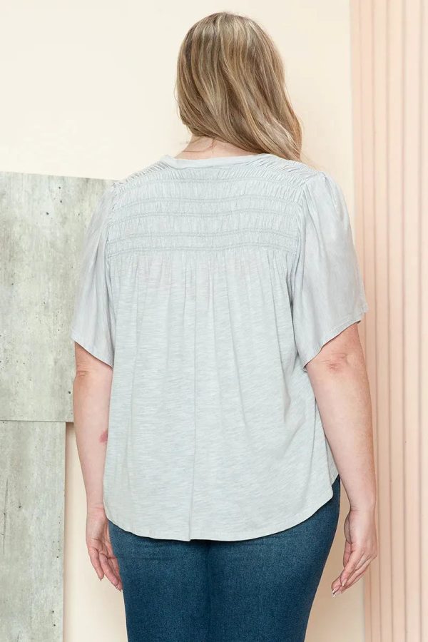Plus Size Cotton Smocked Yoke Flutter Sleeve Casual Top - Image 2