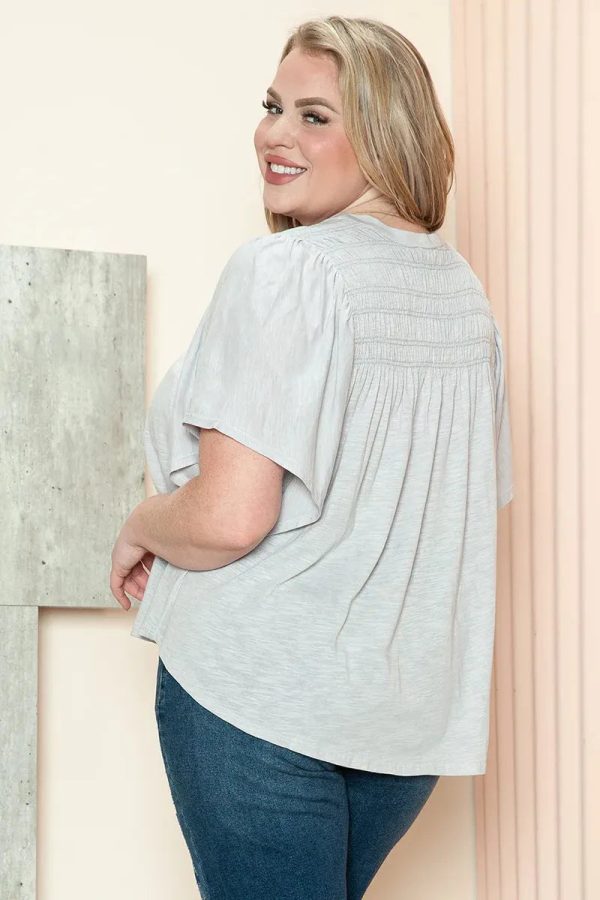 Plus Size Cotton Smocked Yoke Flutter Sleeve Casual Top - Image 4