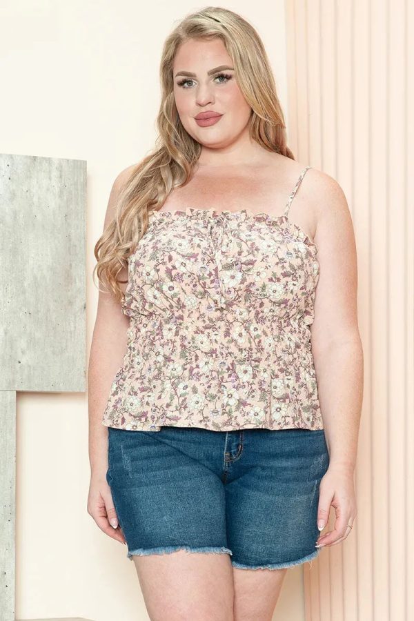 Plus Size Blush Floral Print Ruffle Trim Smocked Bodice Cami Top - Image 1