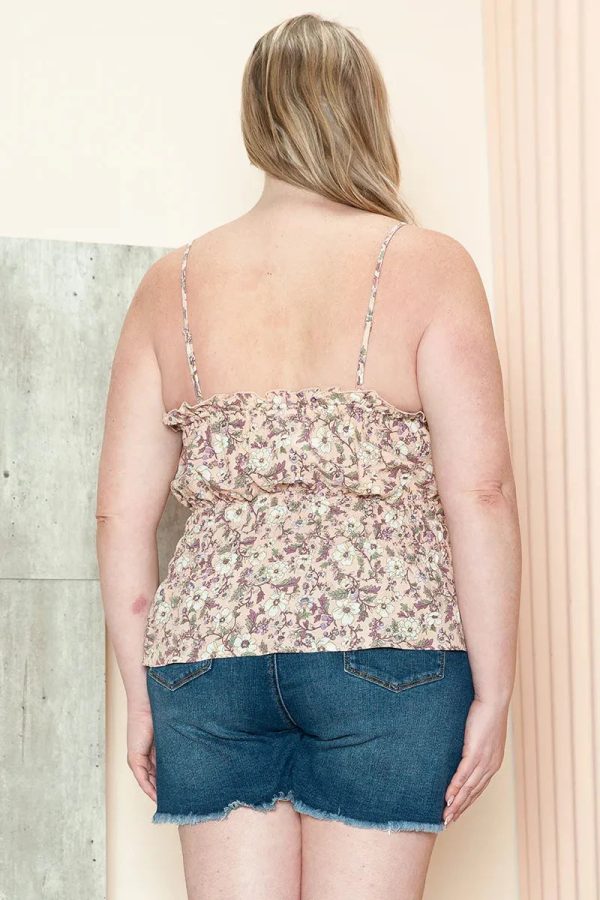 Plus Size Blush Floral Print Ruffle Trim Smocked Bodice Cami Top - Image 2