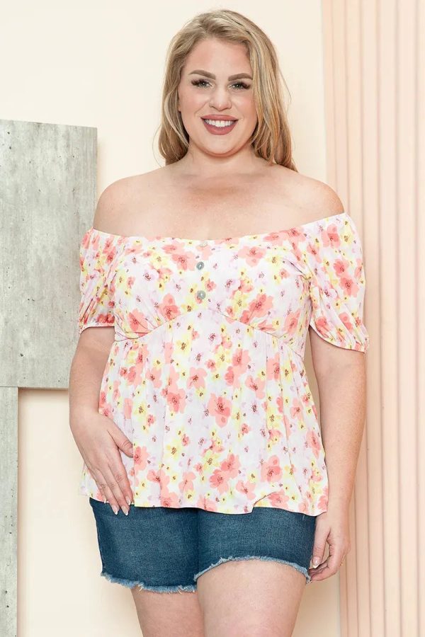 Plus Size Floral Print Puff Sleeve Strapless Sweetheart Neck Top - Image 1