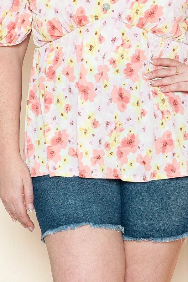 Plus Size Floral Print Puff Sleeve Strapless Sweetheart Neck Top - Image 6
