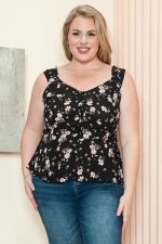 Junior Plus Size Floral Print Sweetheart Neckline Peplum Sleeveless Summer Top - Image 3