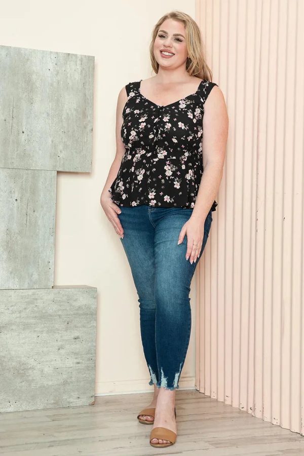 Junior Plus Size Floral Print Sweetheart Neckline Peplum Sleeveless Summer Top - Image 5